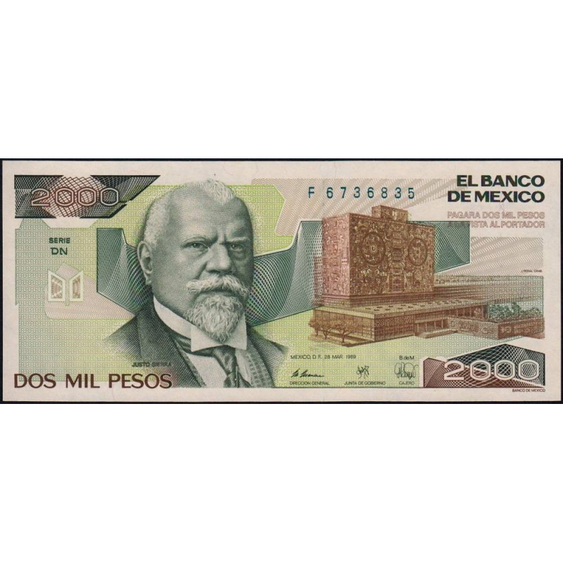 Mexique - Pick 86c - 2'000 pesos - Série DN - Préfixe F - 28/03/1989 - Etat : NEUF