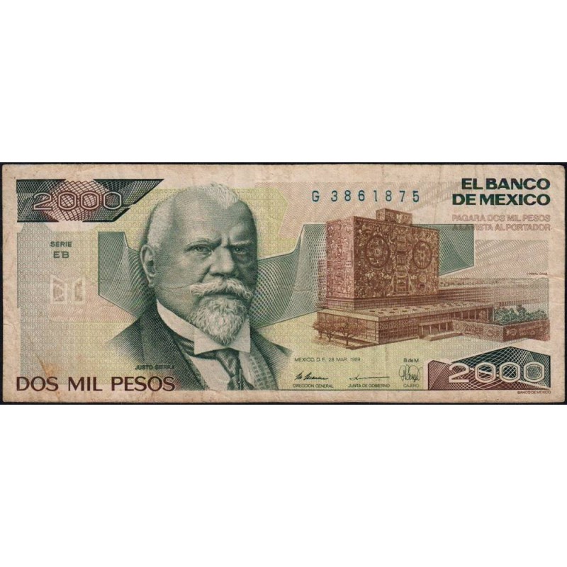 Mexique - Pick 86c - 2'000 pesos - Série EB - Préfixe G - 28/03/1989 - Etat : TB