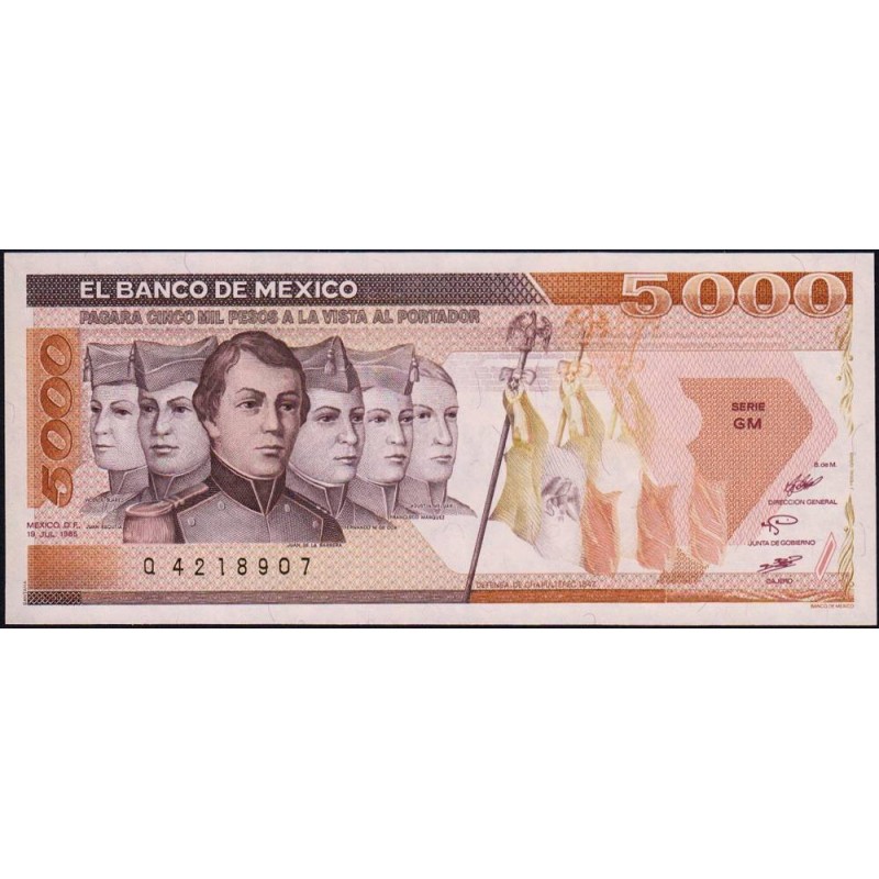 Mexique - Pick 88a - 5'000 pesos - Série GM - Préfixe Q - 19/07/1985 - Etat : NEUF