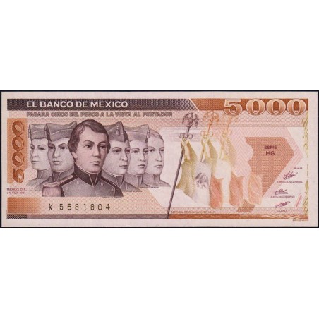 Mexique - Pick 88b - 5'000 pesos - Série HG - Préfixe K - 24/02/1987 - Etat : SPL+