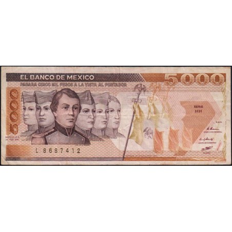 Mexique - Pick 88b - 5'000 pesos - Série HH - Préfixe L - 24/02/1987 - Etat : TB