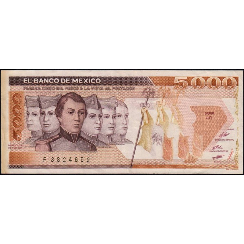 Mexique - Pick 88b - 5'000 pesos - Série JC - Préfixe F - 24/02/1987 - Etat : TTB-