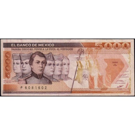 Mexique - Pick 88b - 5'000 pesos - Série JL - Préfixe P - 24/02/1987 - Etat : TB