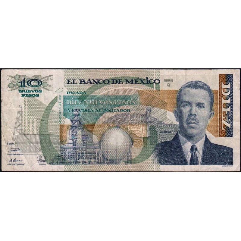 Mexique - Pick 95 - 10 nuevos pesos - Série Q - Préfixe F - 31/07/1992 - Etat : TB-