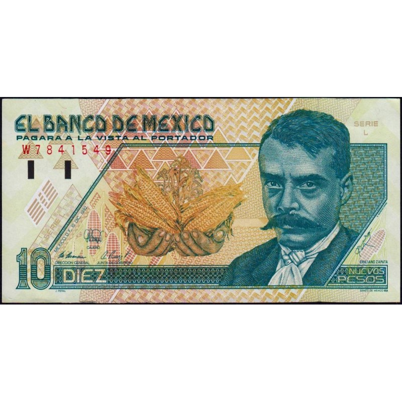 Mexique - Pick 99 - 10 nuevos pesos - Série L - Préfixe W - 10/12/1992 - Etat : TTB+