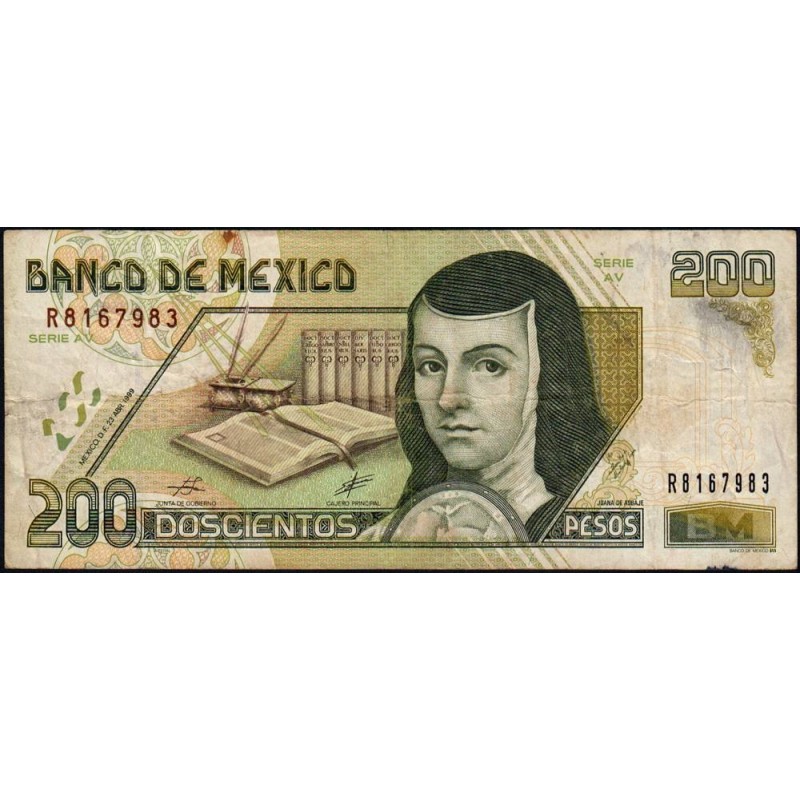 Mexique - Pick 109d - 200 pesos - Série AV - Préfixe R - 23/04/1999 - Etat : TB-