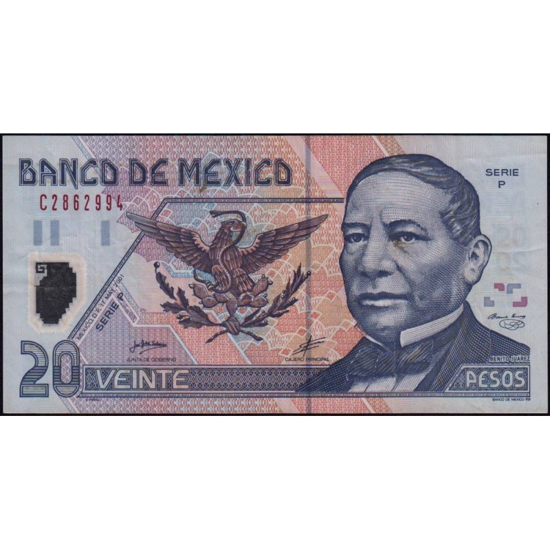 Mexique - Pick 116b_2b - 20 pesos - Série P - Préfixe C - 17/05/2001 - Polymère - Etat : TB+