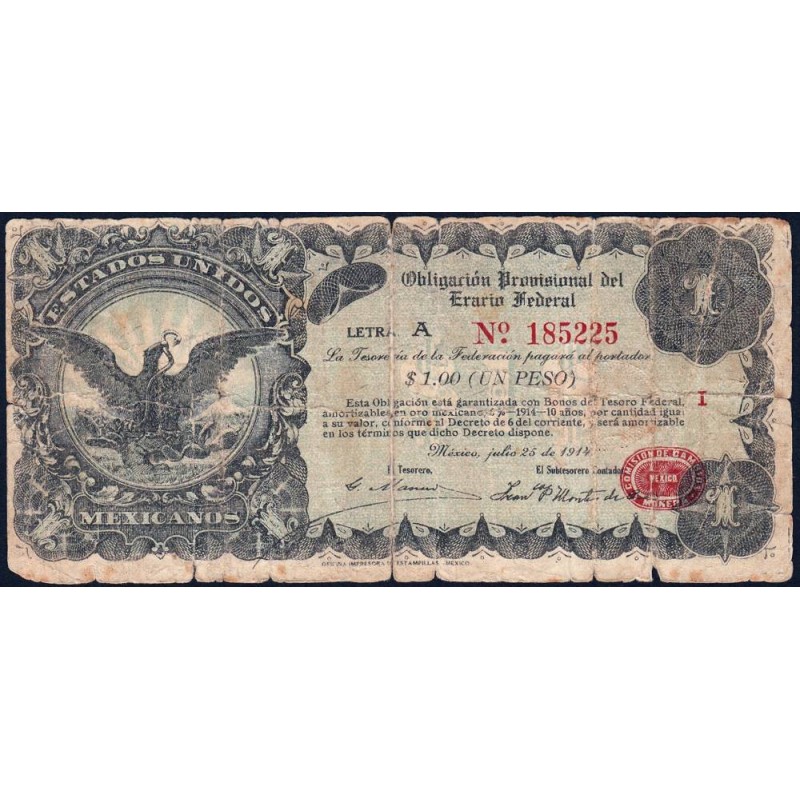 Etats Unis du Mexique - Pick S 713 - 1 peso - Lettre A - 25/07/1914 - Etat : B