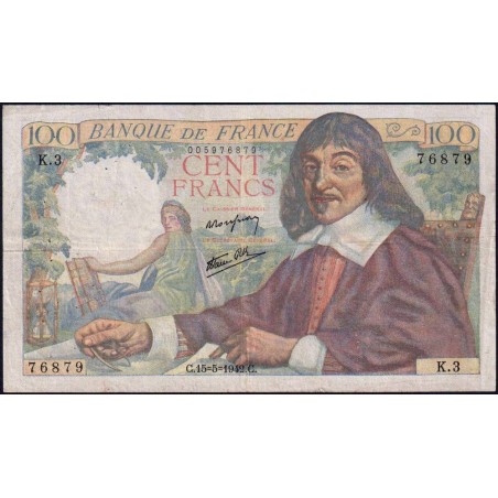 F 27-01 - 15/05/1942 - 100 francs - Descartes - Série K.3 - Etat : TTB-