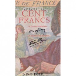 F 27-01 - 15/05/1942 - 100 francs - Descartes - Série F.4 - Etat : SUP+
