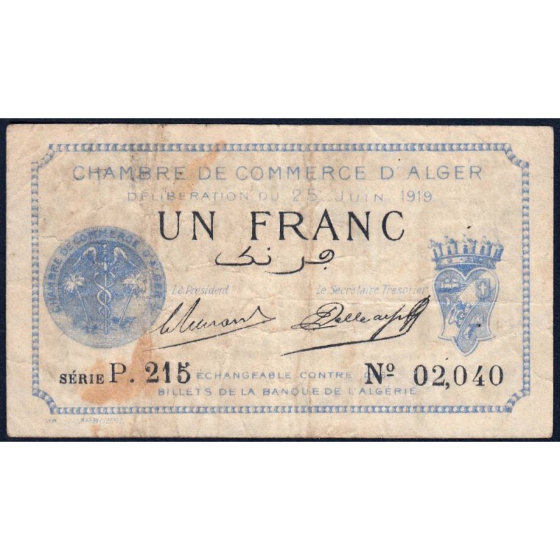 Algérie - Alger 137-12 - 1 franc - Série P.215 - 25/06/1919 - Etat : TB