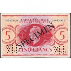 AEF - France Libre - Pick 10s - 5 francs - Série AB - 02/12/1941 - Spécimen - Etat : TTB