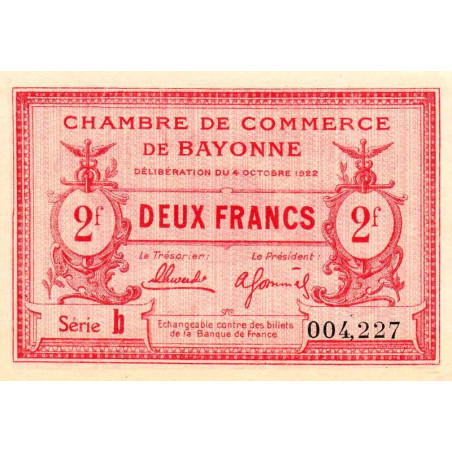 Bayonne - Pirot 21-75 - 2 francs - Série b - 04/10/1922 - Etat : SPL+