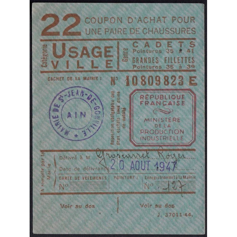 Coupon achat chaussures - Réf : 22 - Type 8b - 1947 - St Jean de Gonville (01) - Etat : TTB+