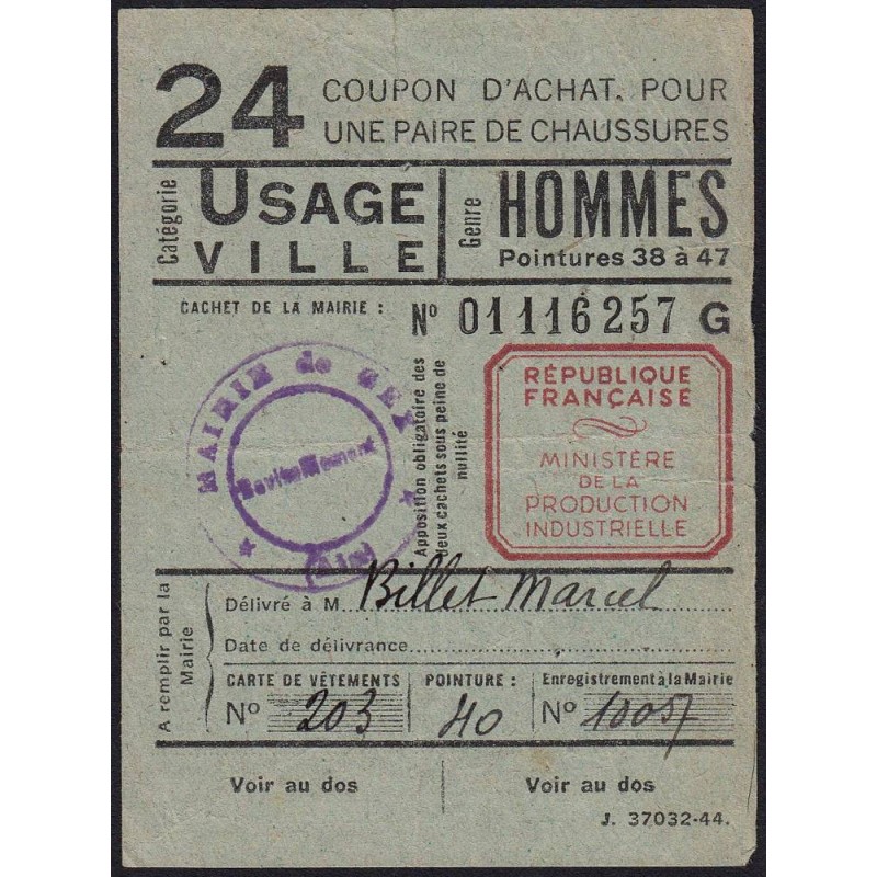 Coupon achat chaussures - Réf : 24 - Type 8a - 1946 - Gex (01) - Etat : TB+