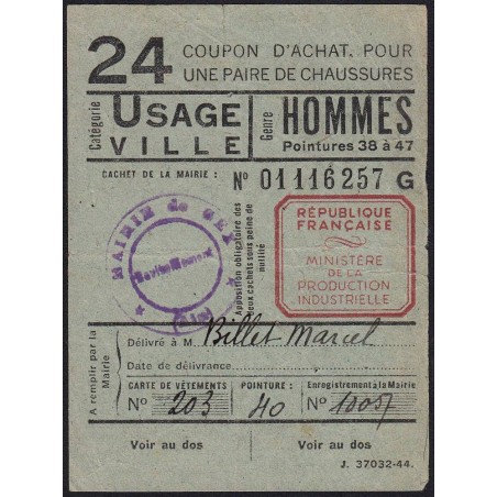 Coupon achat chaussures - Réf : 24 - Type 8a - 1946 - Gex (01) - Etat : TB+
