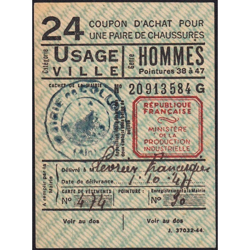 Coupon achat chaussures - Réf : 24 - Type 8d - 1947 - Collonges (01) - Etat : TTB+