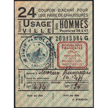 Coupon achat chaussures - Réf : 24 - Type 8d - 1947 - Collonges (01) - Etat : TTB+