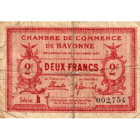Bayonne - Pirot 21-75 - 2 francs - Série h - 04/10/1922 - Etat : B+