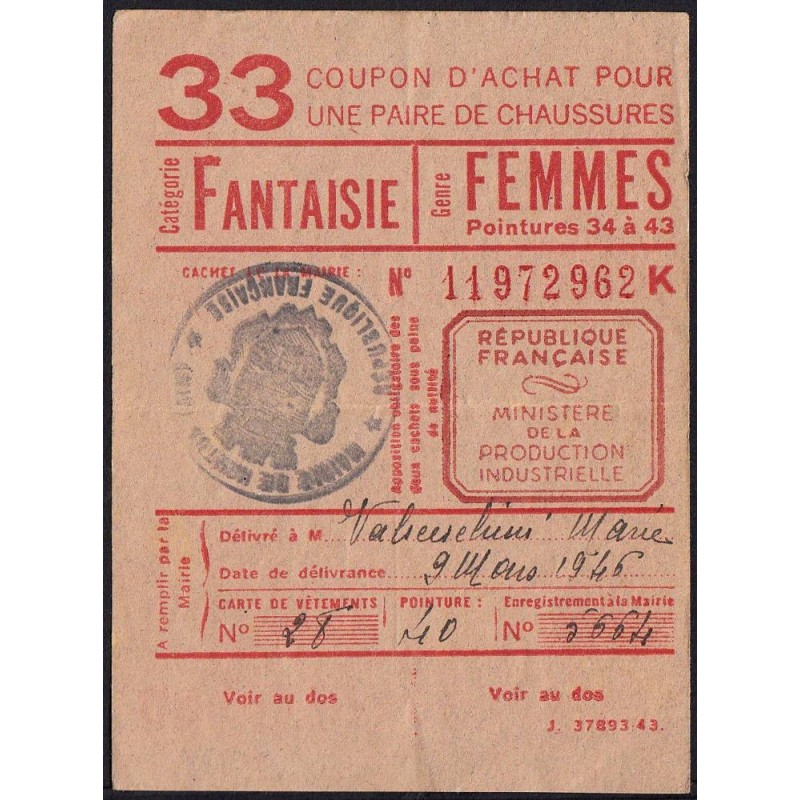 Coupon achat chaussures - Réf : 33 - Type 8b - 1945 - Nantua (01) - Etat : TTB+