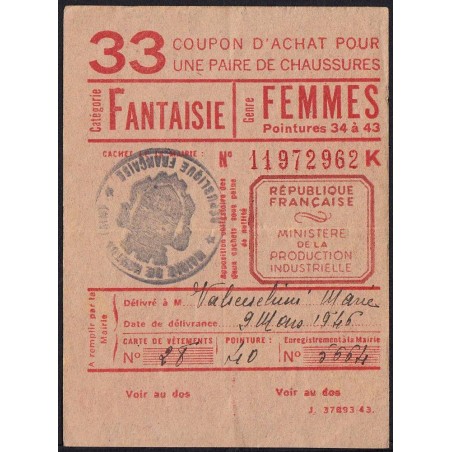 Coupon achat chaussures - Réf : 33 - Type 8b - 1945 - Nantua (01) - Etat : TTB+