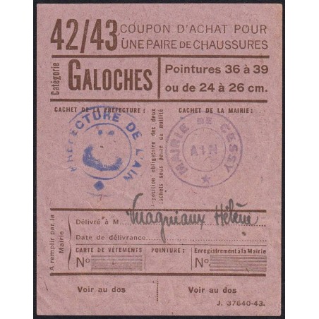 Coupon achat chaussures - Réf : 42/43 - Type 4a - 1946 - Cessy (01) - Etat : TTB