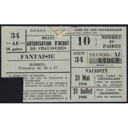 Autorisation d'achat de chaussures - 1946 - Endossé - Ain (01) - Etat : TB