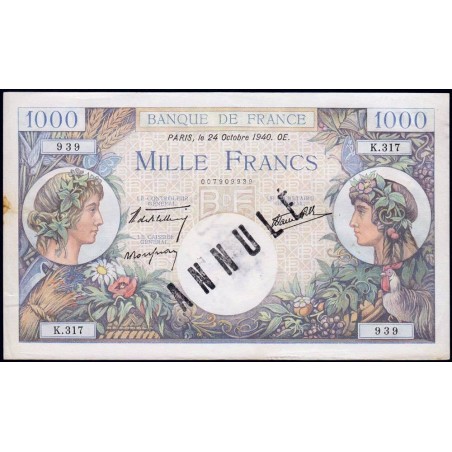 F 39-01 - 24/10/1940 - 1000 francs - Commerce - Série K.317 - Annulé - Etat : SUP-