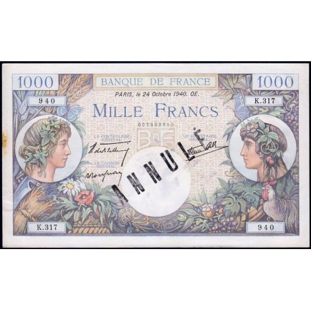 F 39-01 - 24/10/1940 - 1000 francs - Commerce - Série K.317 - Annulé - Etat : TTB+