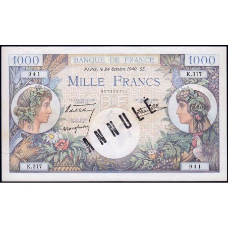 F 39-01 - 24/10/1940 - 1000 francs - Commerce - Série K.317 - Annulé - Etat : SUP-