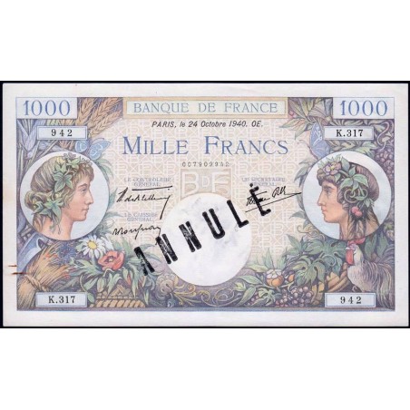 F 39-01 - 24/10/1940 - 1000 francs - Commerce - Série K.317 - Annulé - Etat : SUP