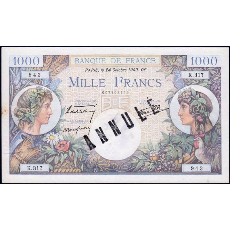 F 39-01 - 24/10/1940 - 1000 francs - Commerce - Série K.317 - Annulé - Etat : SUP