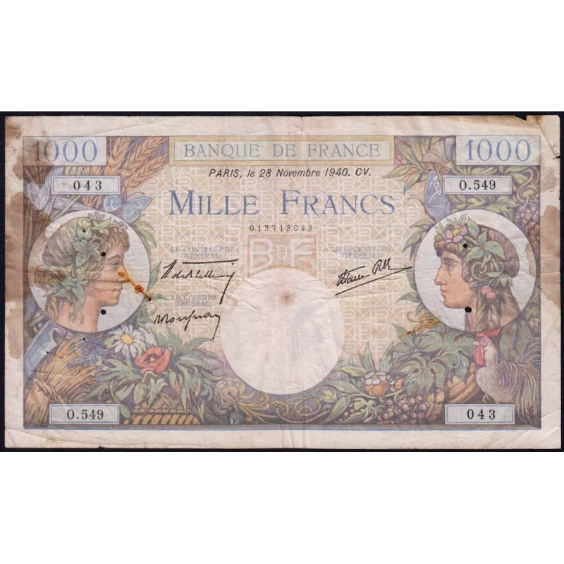F 39-02 - 28/11/1940 - 1000 francs - Commerce - Série O.549 - Etat : B-