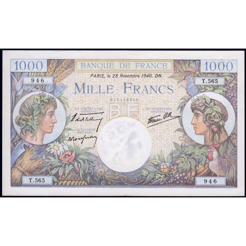 F 39-02 - 28/11/1940 - 1000 francs - Commerce - Série T.565 - Etat : TTB+