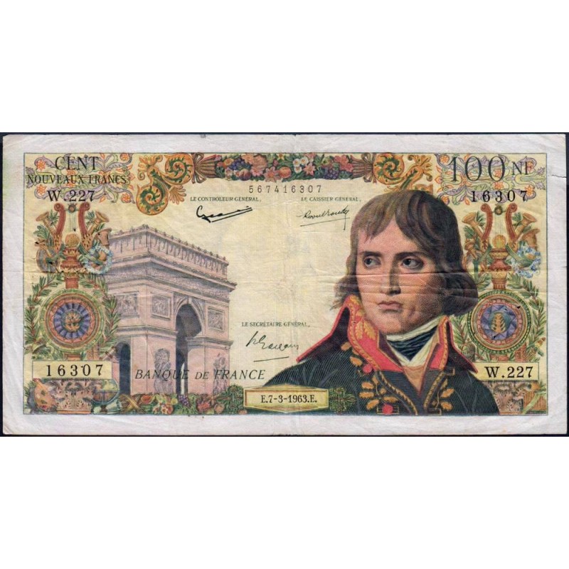 F 59-20 - 07/03/1963 - 100 nouv. francs - Bonaparte - Série W.227 - Remplacement - Etat : TB+