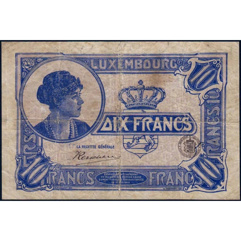 Luxembourg - Pick 34 - 10 francs - Sans série - 1924 - Etat : TB-