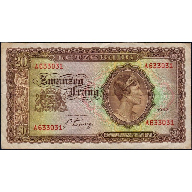 Luxembourg - Pick 42a - 20 francs - Série A - 1943 - Etat : TB+