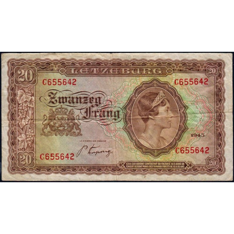 Luxembourg - Pick 42a - 20 francs - Série C - 1943 - Etat : TB+