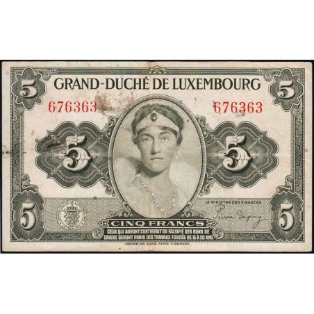 Luxembourg - Pick 43a - 5 francs - Sans série - 1944 - Etat : TB
