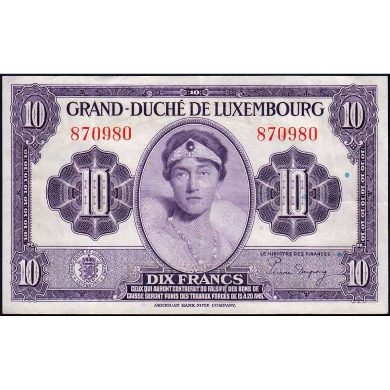 Luxembourg - Pick 44a_1 - 10 francs - Sans série - 1944 - Etat : TTB+